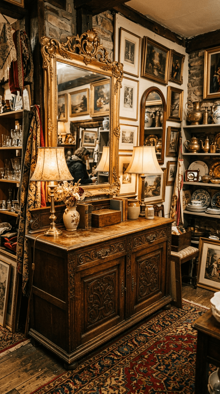 Black leather diamond-pattern sofa, vintage mirrors and a Ty Lewis Place street sign at Vintage Finds Antiques