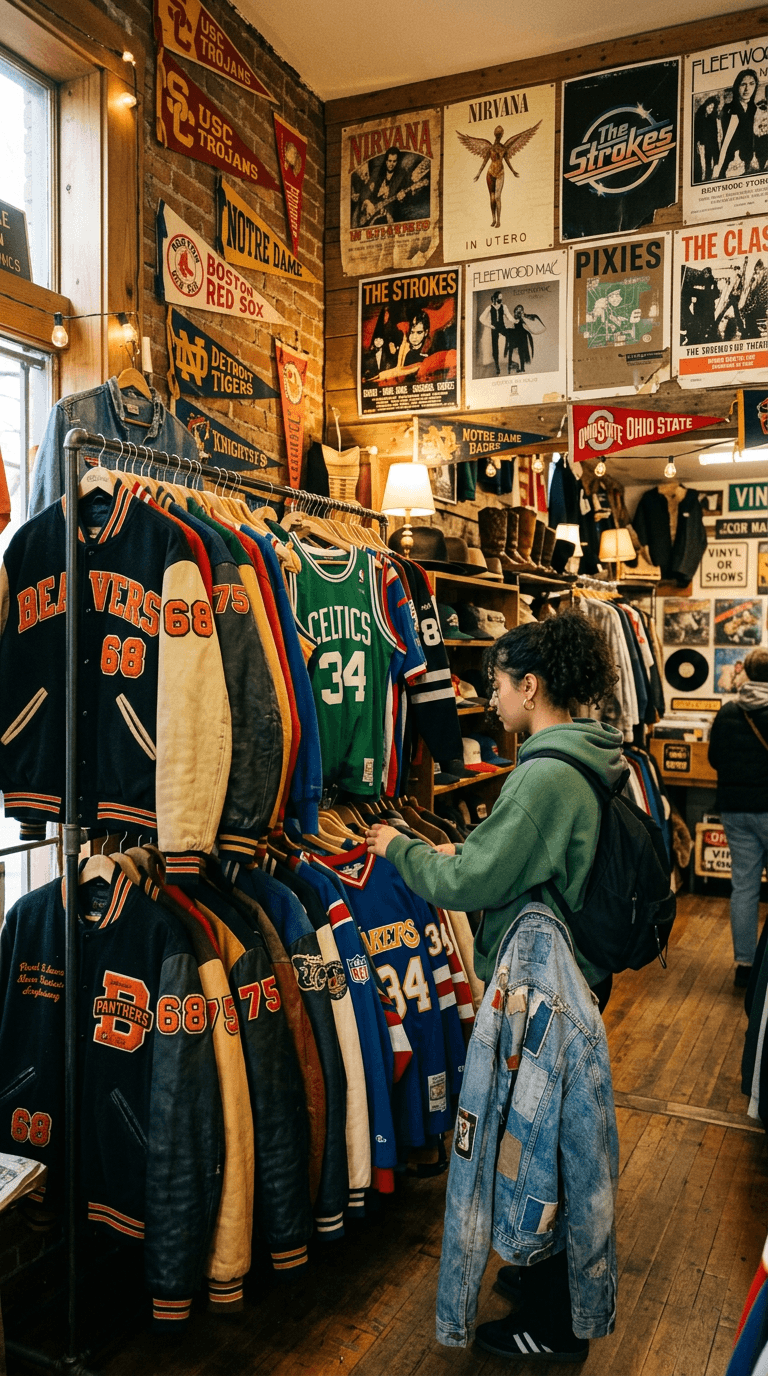 Vintage bowling shirt, satin jackets, hats and a Bob Wills drum on display at Vintage Finds Antiques